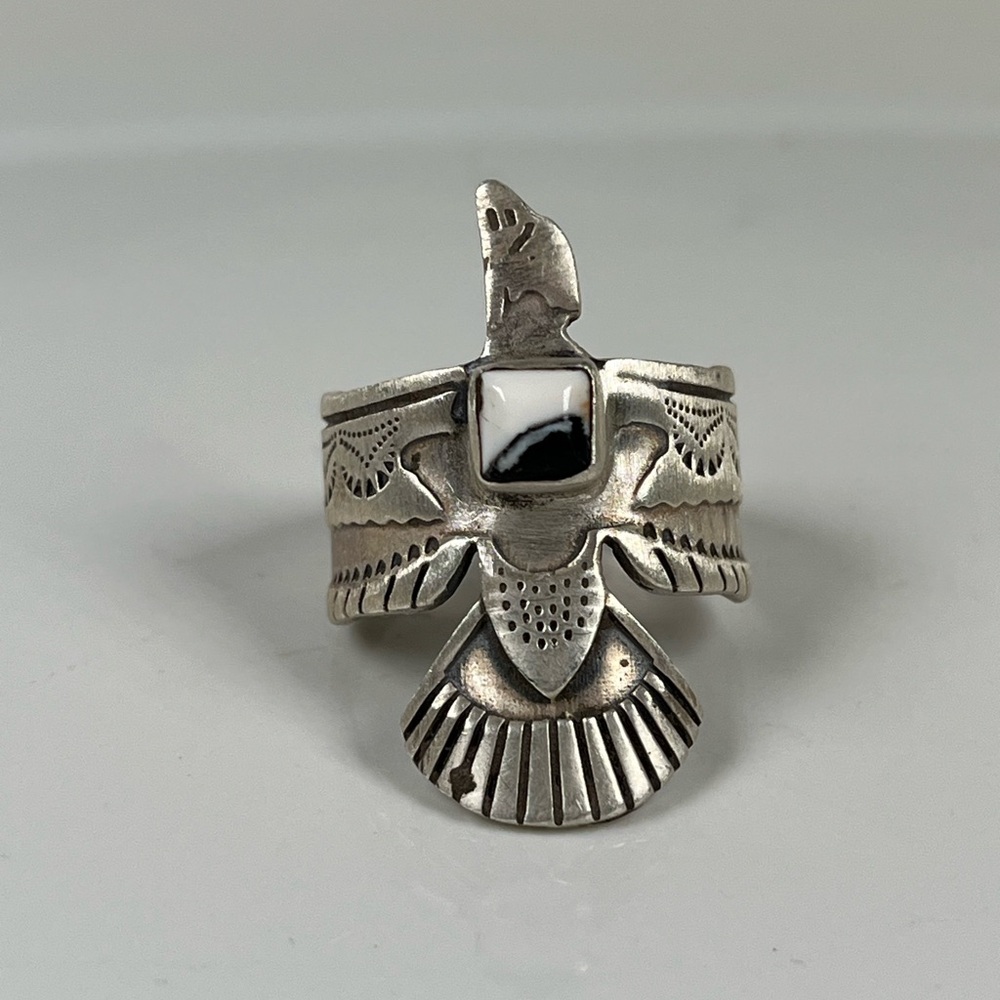 Solid Sterling Silver Southwestern Thunderbird Ring White Buffalo Size 7.75 - Picture 8 of 11